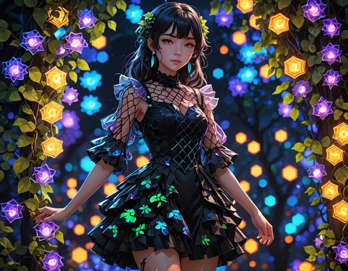 Neon Holographic Anime Figure in 3D Art