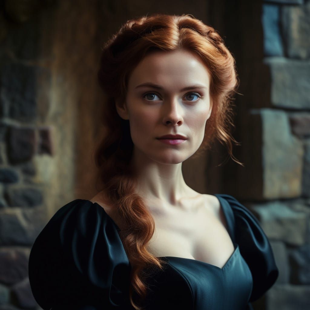 Auburn-Haired Noblewoman in Formal Gown, Medieval Cinematic...
