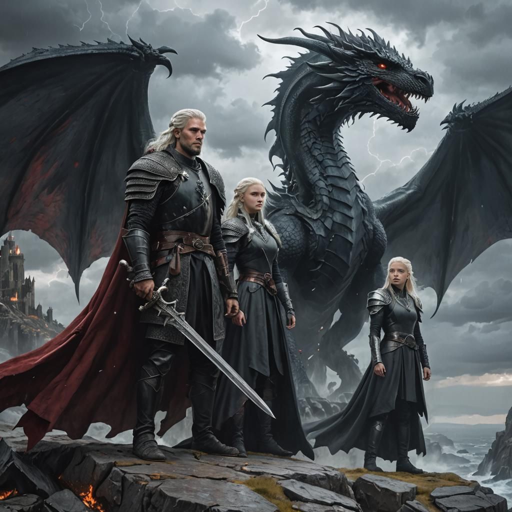 Targaryens with Dragons Beside the Iron Throne