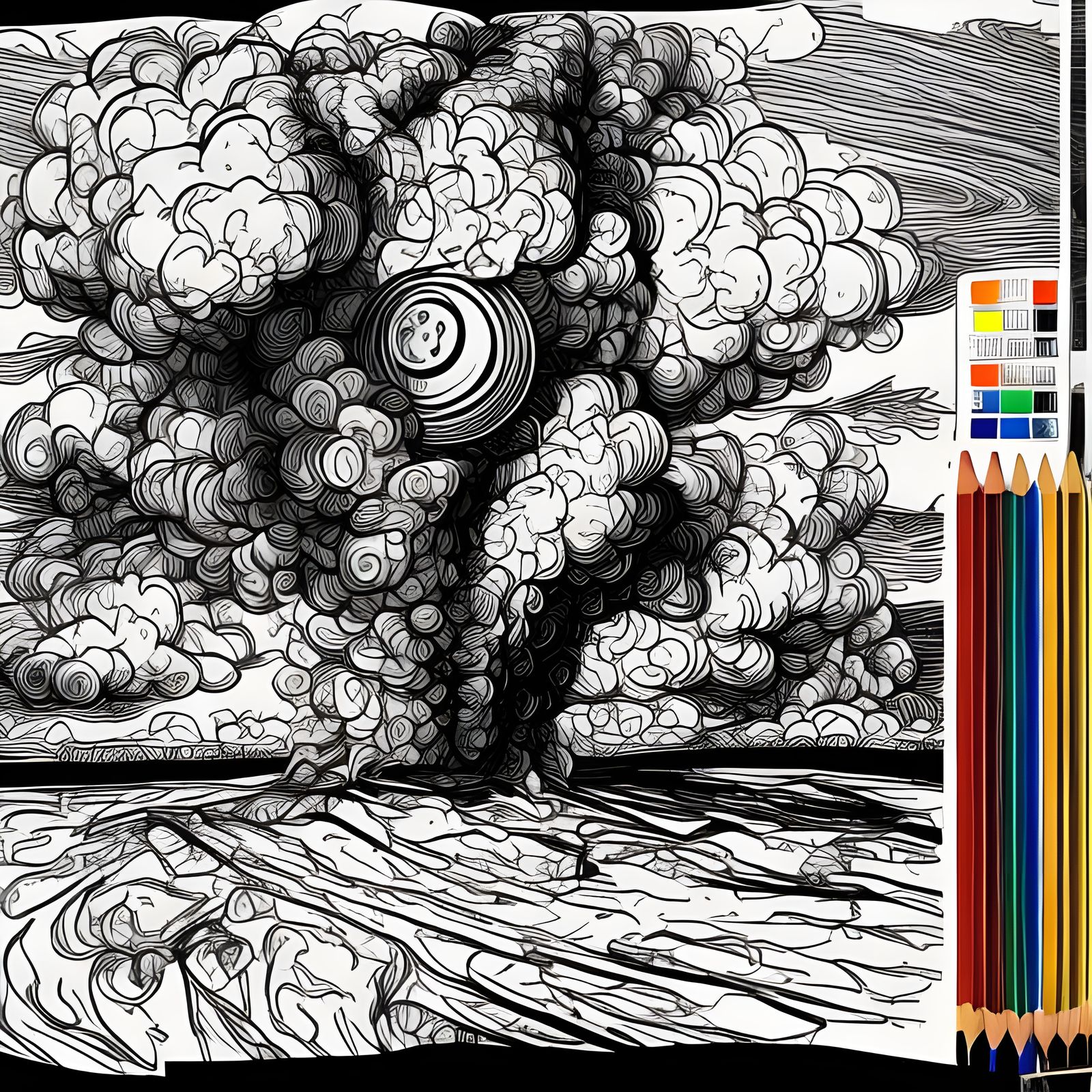 Hyperrealistic Nuclear Explosion Coloring Book Page