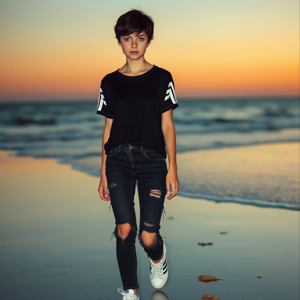 Woman Walking on Beach at Sunrise in Cinematic Style