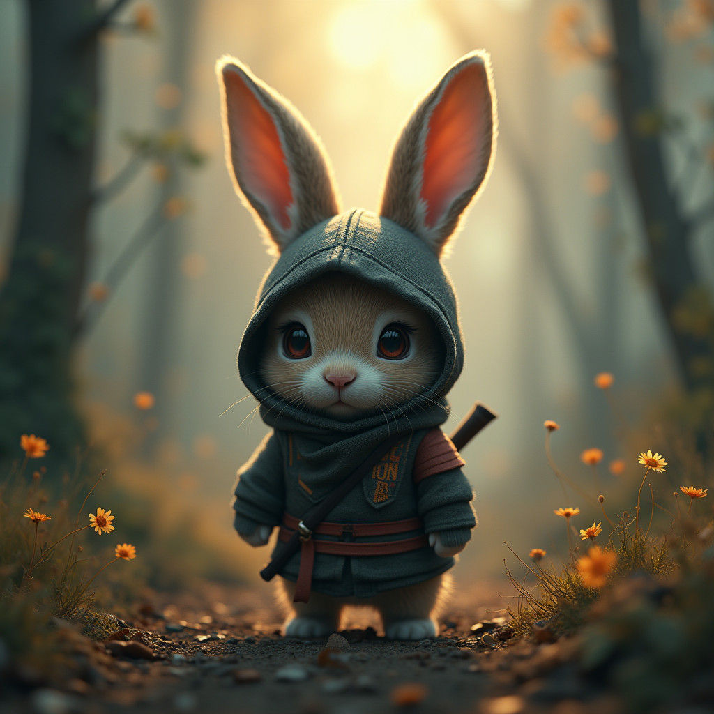 Ninja Bunny in Misty Landscape, Digital Art