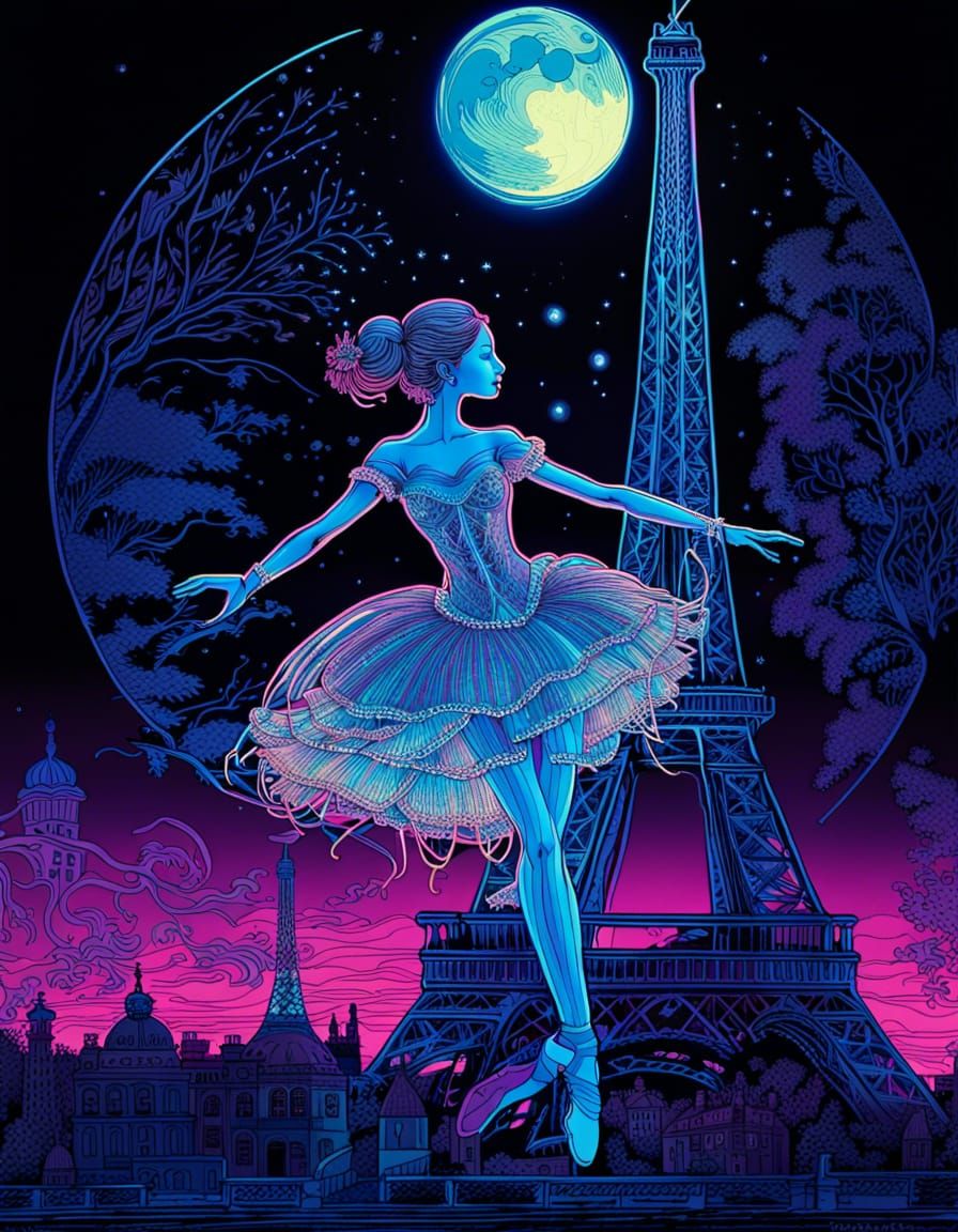 Ballerina's Graceful Dance in a Neon Lit Paris Night