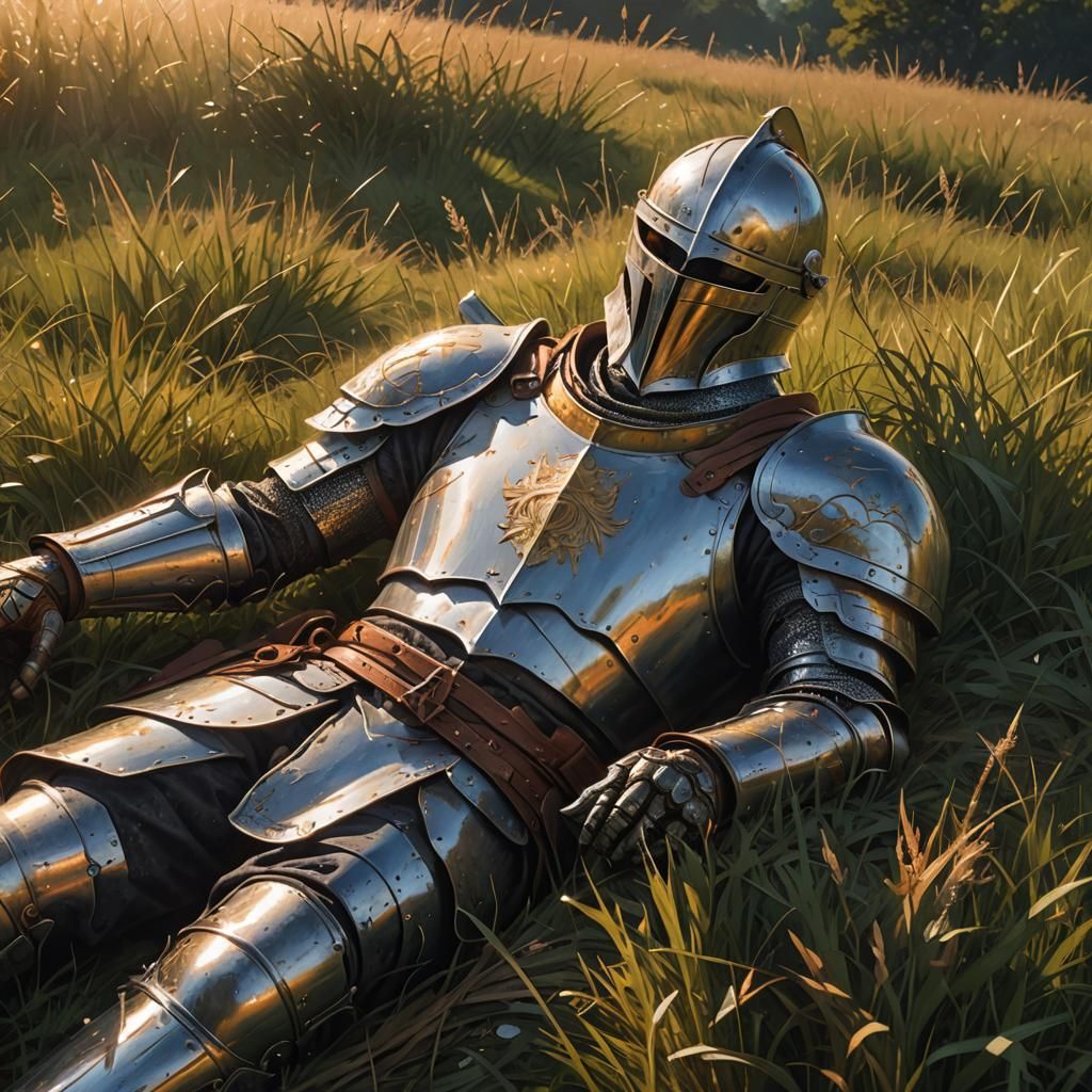 Hyperrealistic Knight at Sunrise in Grasslands
