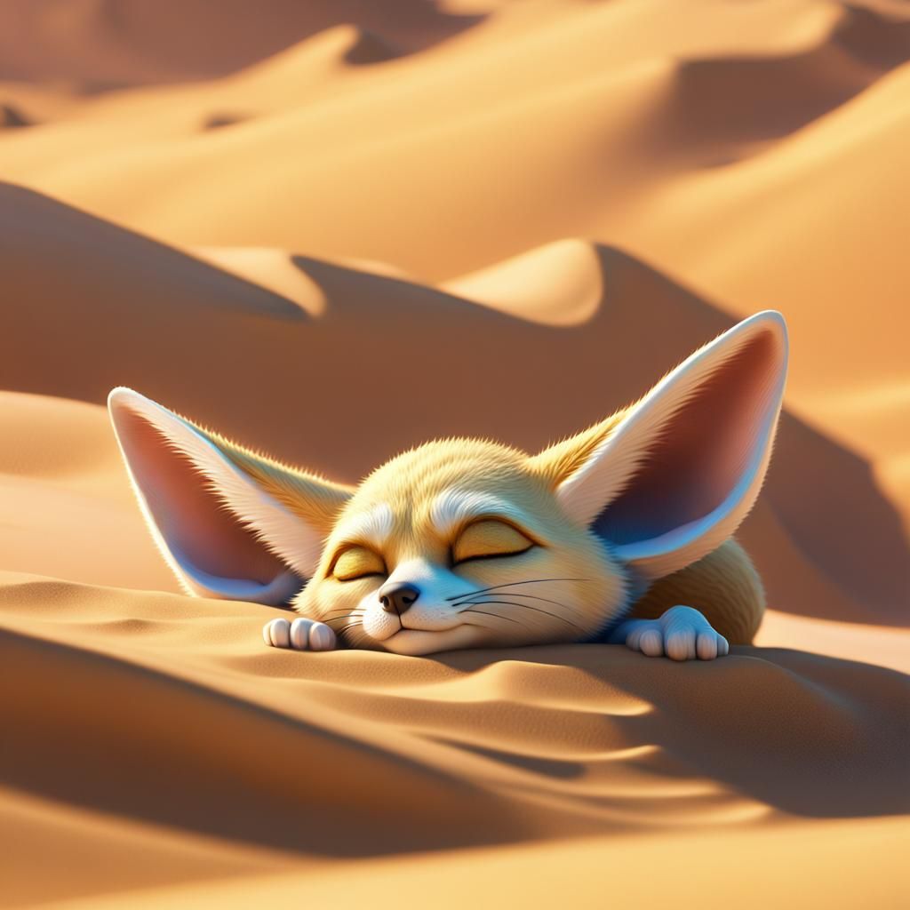 Fennec Sleeping on Dunes: 3D Digital Art