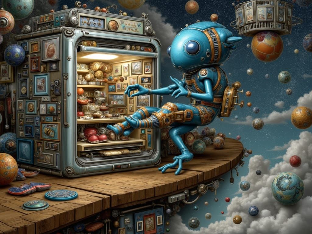 Alien Riding Typewriter Near Galactic Shoe Shop Fridge