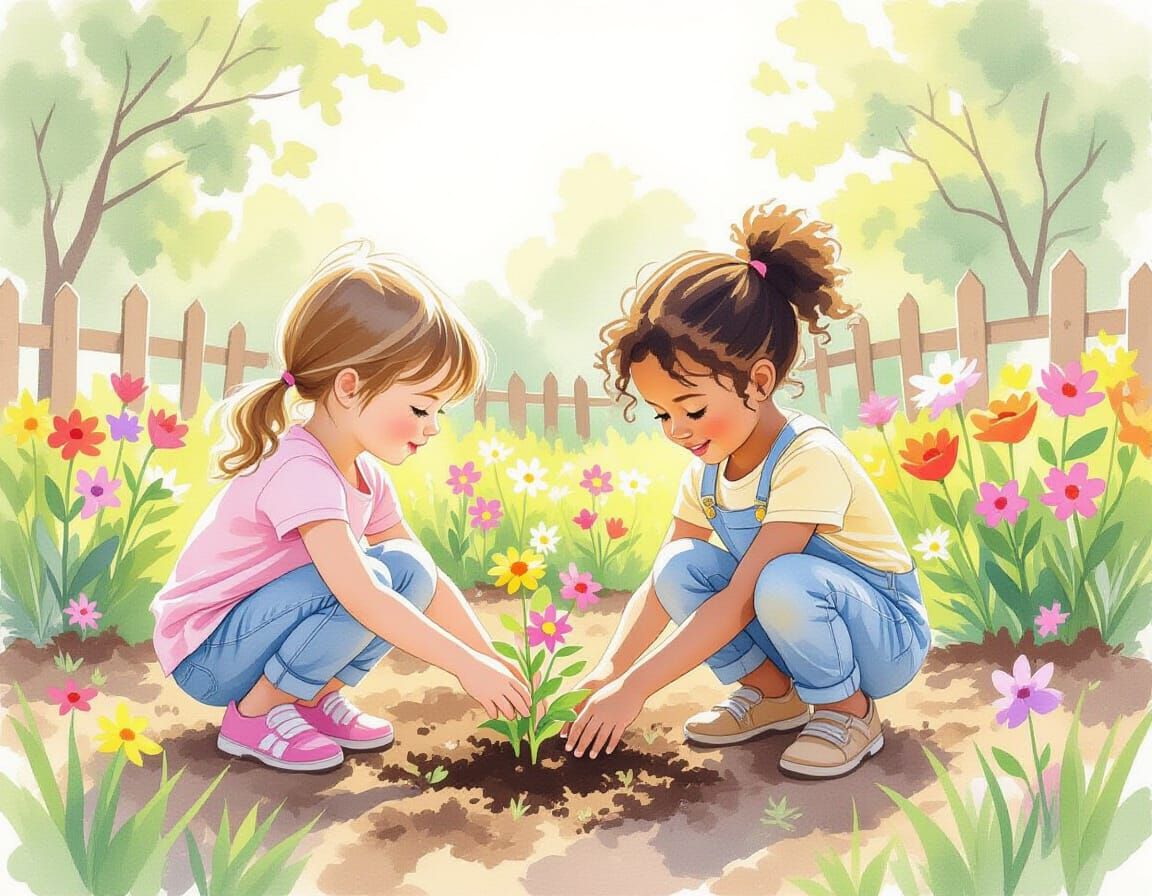 Children Planting Flowers in Spring Garden