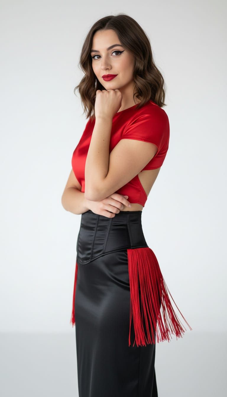 Confident Woman in Red Satin Outfit Poses for Photo