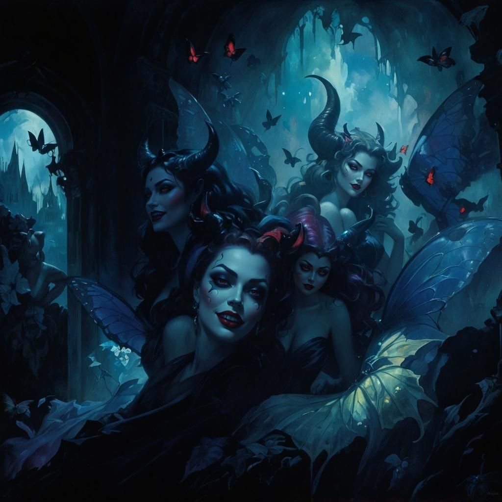 Four Beautiful Demon Women in Noir Fantasy Style