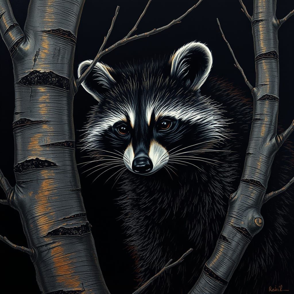 Mystical Raccoon in Silver Birch