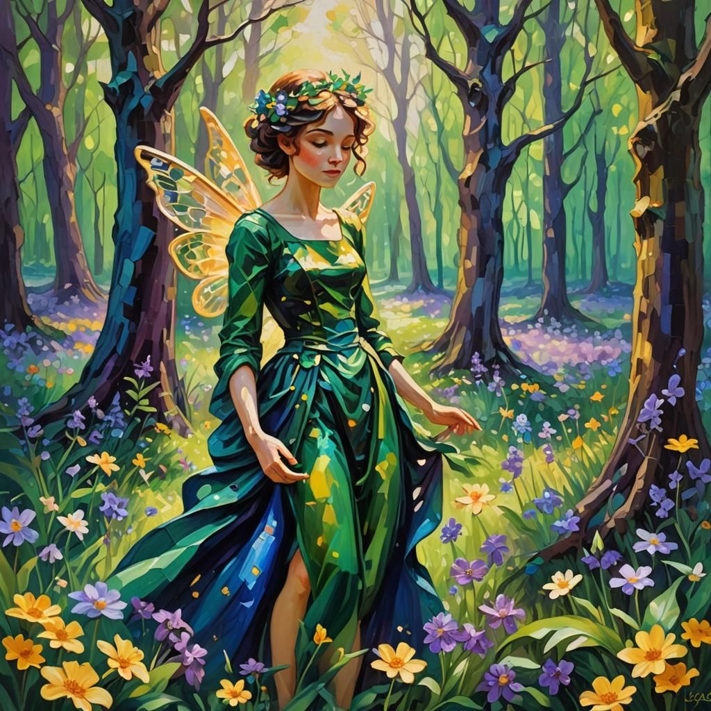 Whimsical Spring Fae in Neo-Impressionist Oil Painting