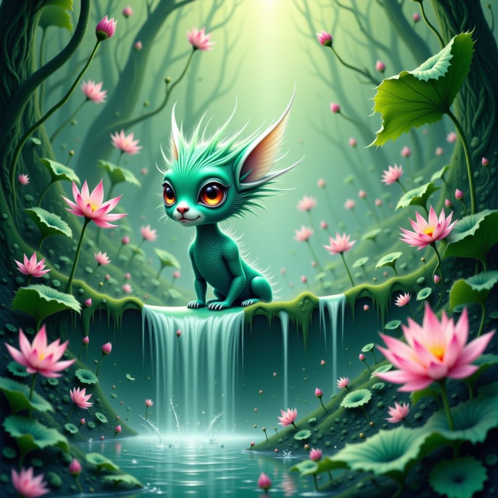 Fae Lotus Ambush in Mystical Waterfall Scene
