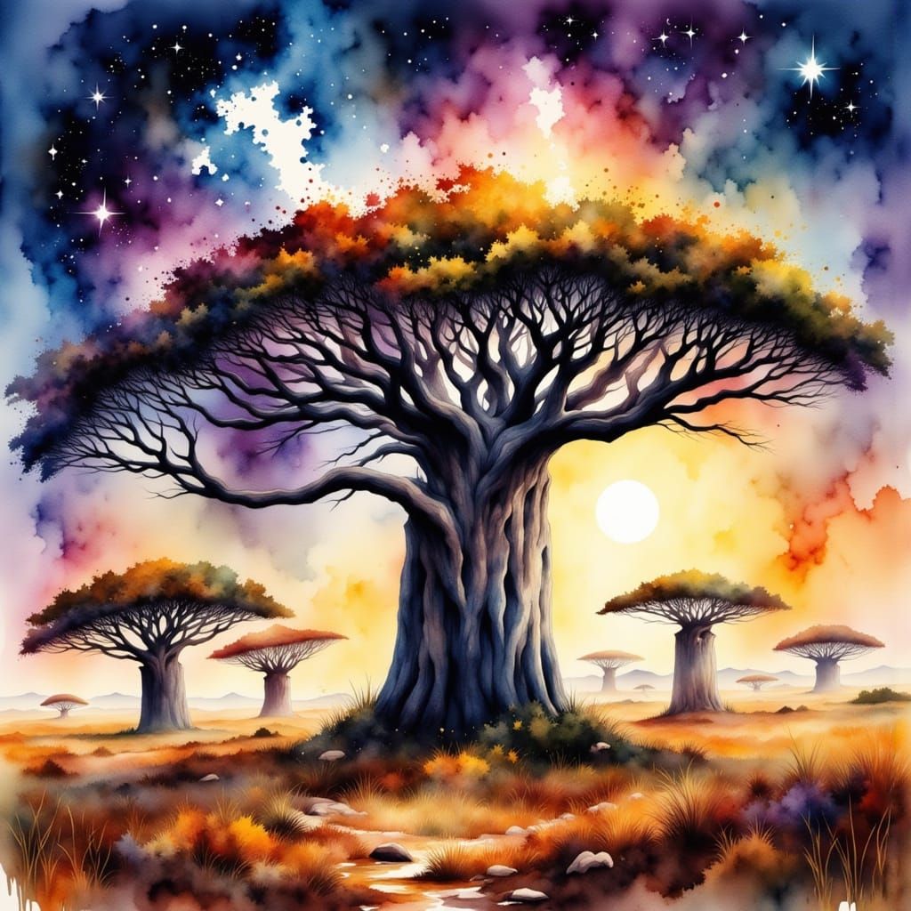Celestial Savanna in Watercolor Style