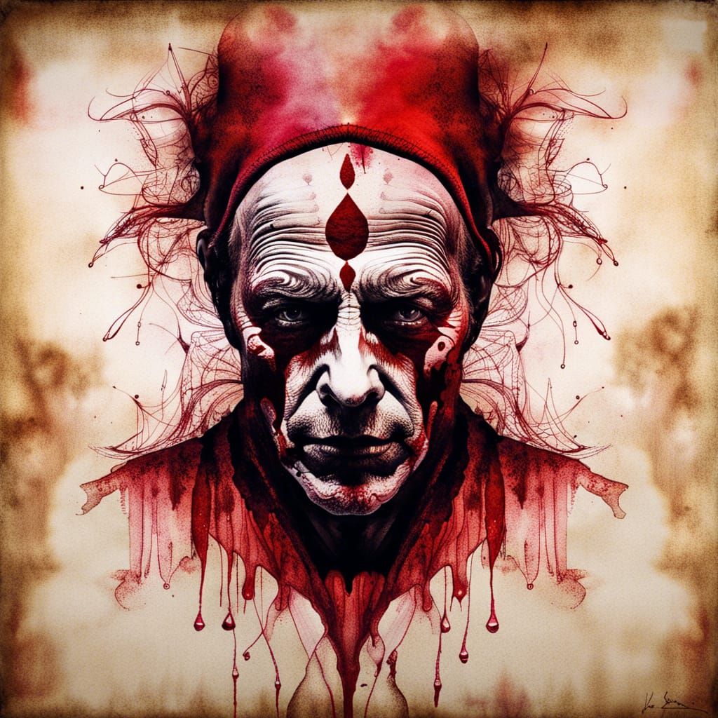 Sad Jester Portrait in Red Ink Rorschach Style