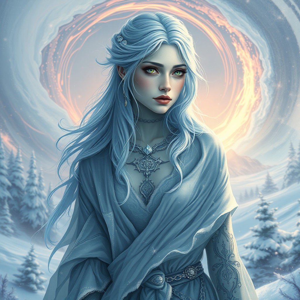Melancholic Winter Eladrin Portrait in a Mystical Landscape