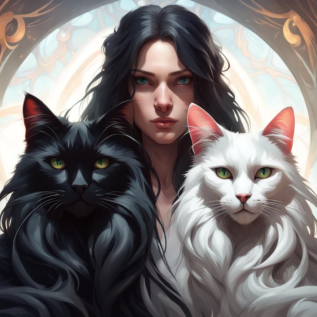 Black and White Cats Portrait, Detailed Concept Art
