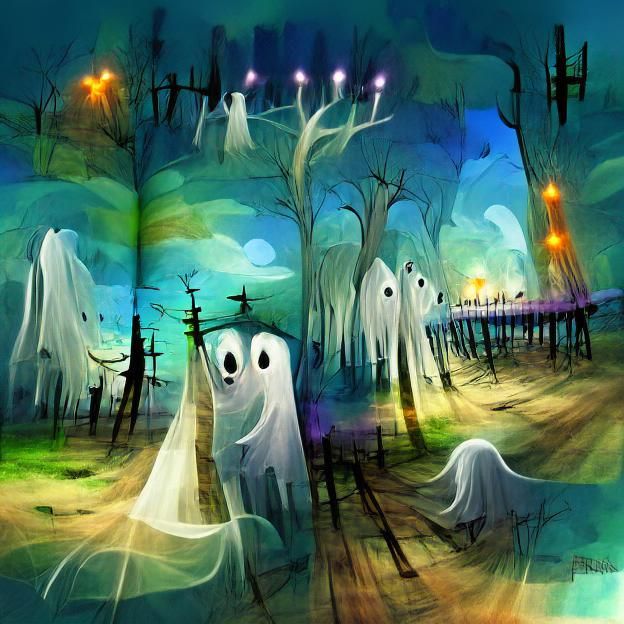 Happy Ghost Forest Storybook Illustration at Night