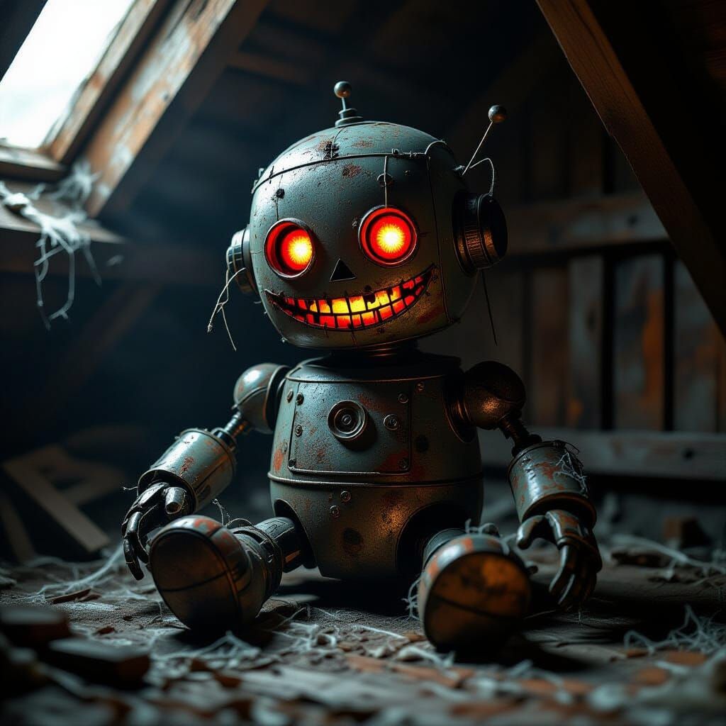 Forgotten Automaton Toy's Sinister Grin in Dimly Lit Attic