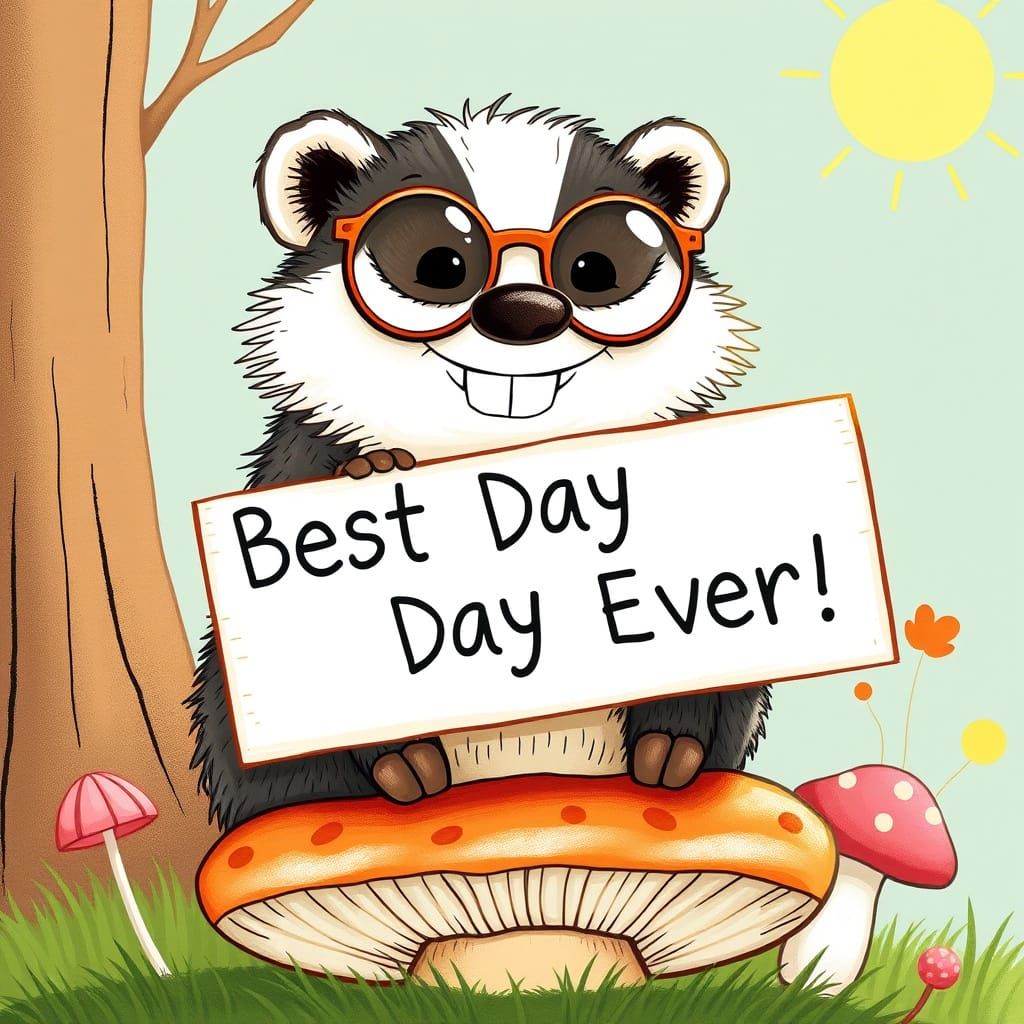 Cheerful Badger with Glasses Holds 'Best Day Ever!' Sign