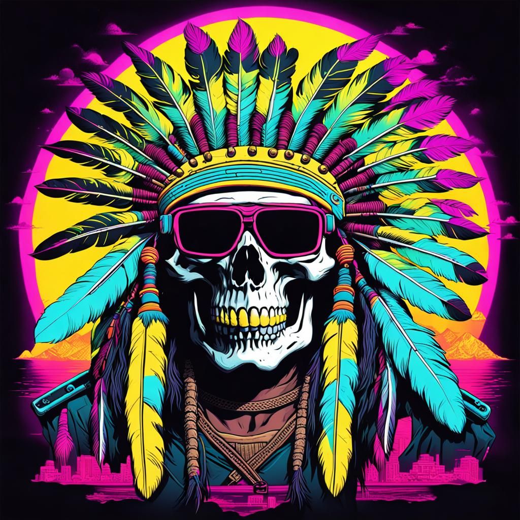Chief with Bullet Feathers and Neon Text, Synthwave Style