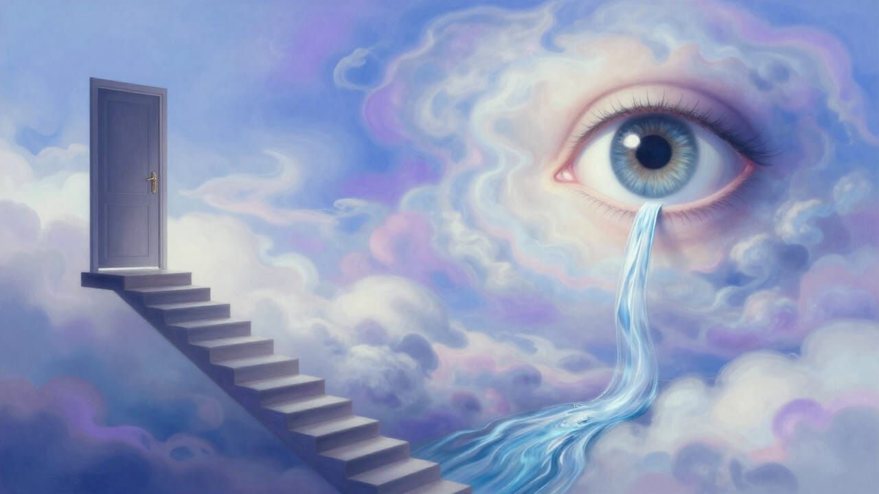 Surreal Dreamscape with Floating Stairs and Upward River