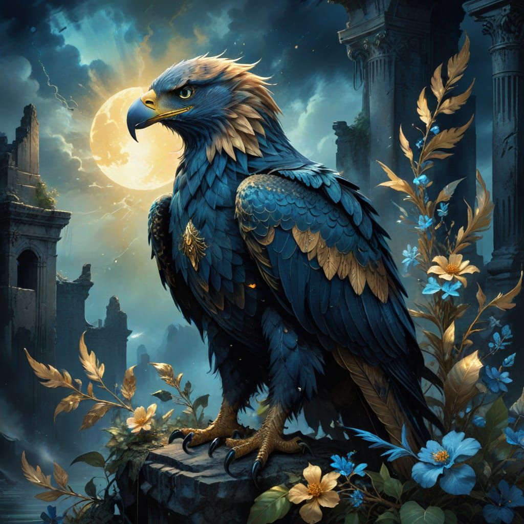 Majestic Golden Eagle on Ruin with Bioluminescent Flora