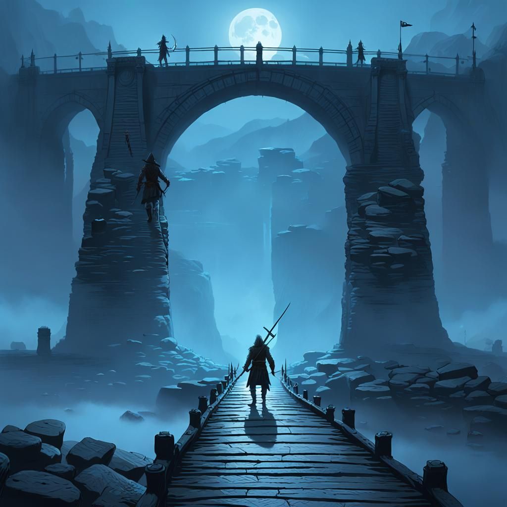 Warrior Duel Under Misty Bridge: Dark Fantasy Art