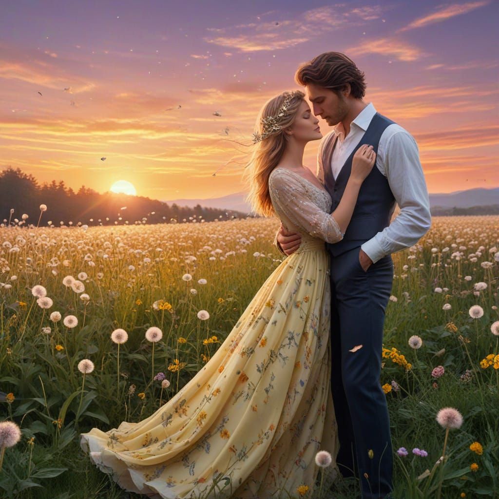 Ethereal Dandelion Scene at Sunset