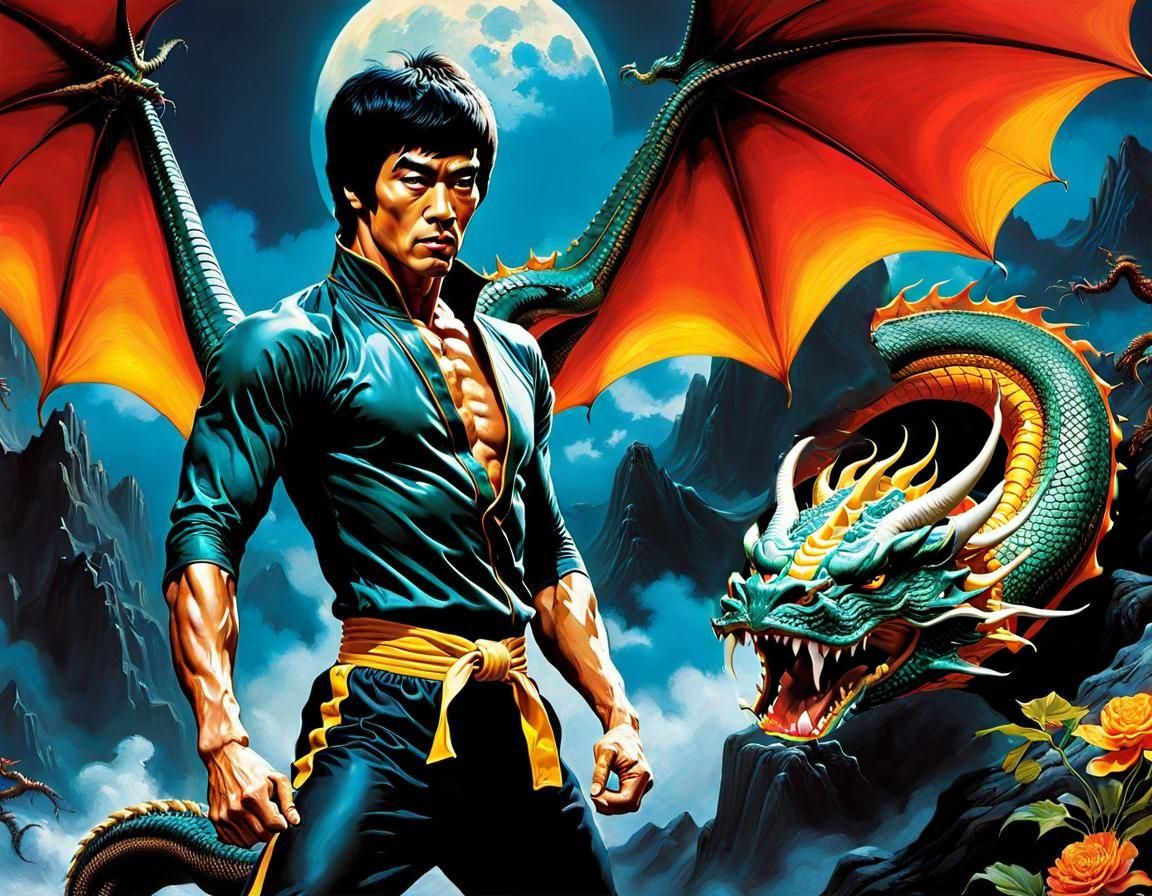 Colorful Dragon Bruce Lee Fusion in Hyperrealism