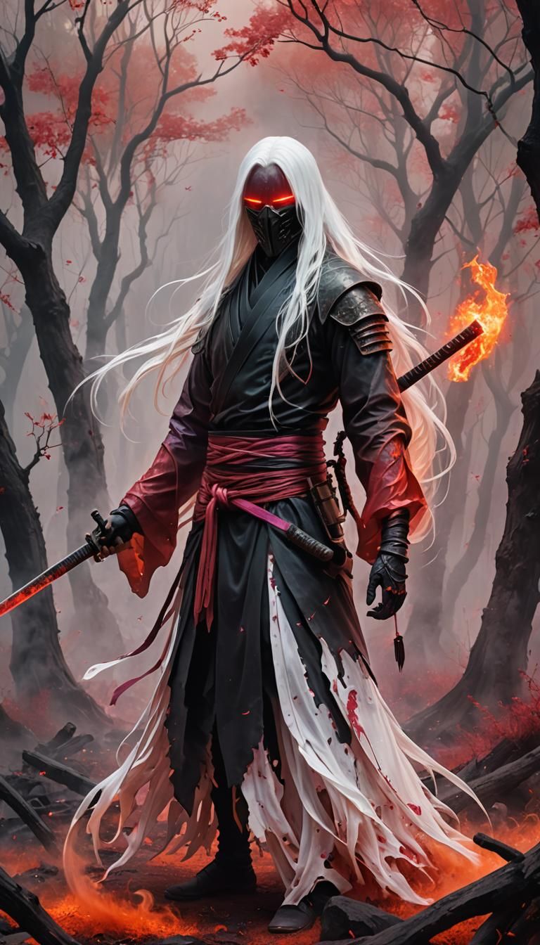 Surreal Red Glass Creature with Katana in Holographic Style