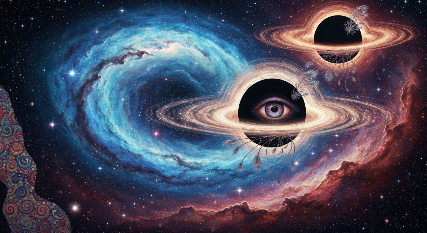 Cosmic Black Holes with Iridescent Eyes in Ornate Art Style