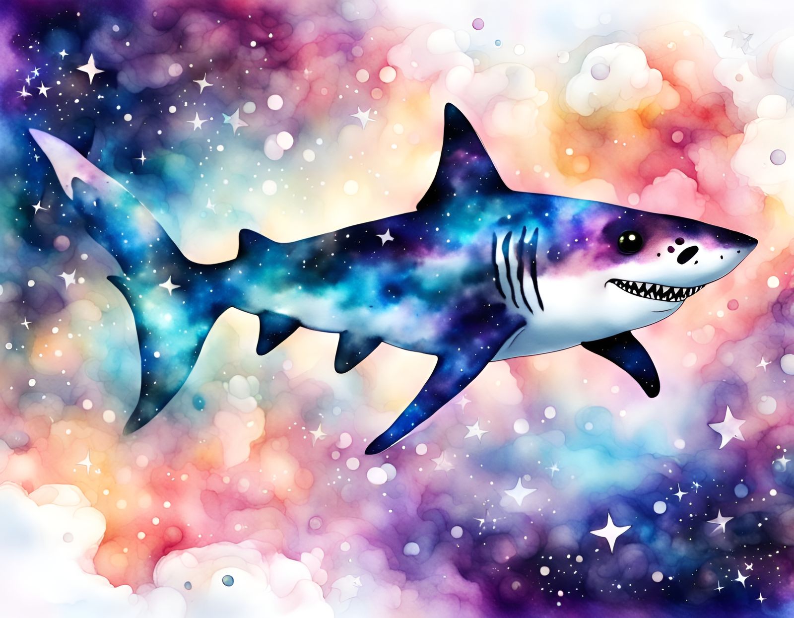 Cute Galaxy Shark in Watercolor Illustration