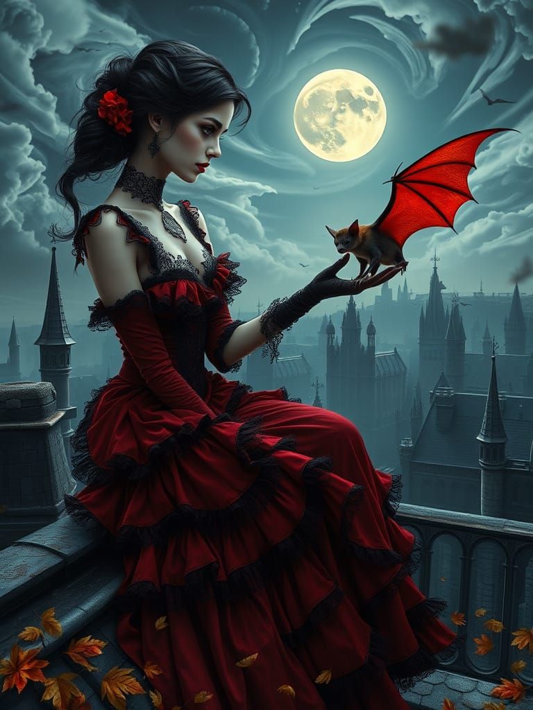 Ethereal Gothic Vampire Amidst Moonlit Cityscape