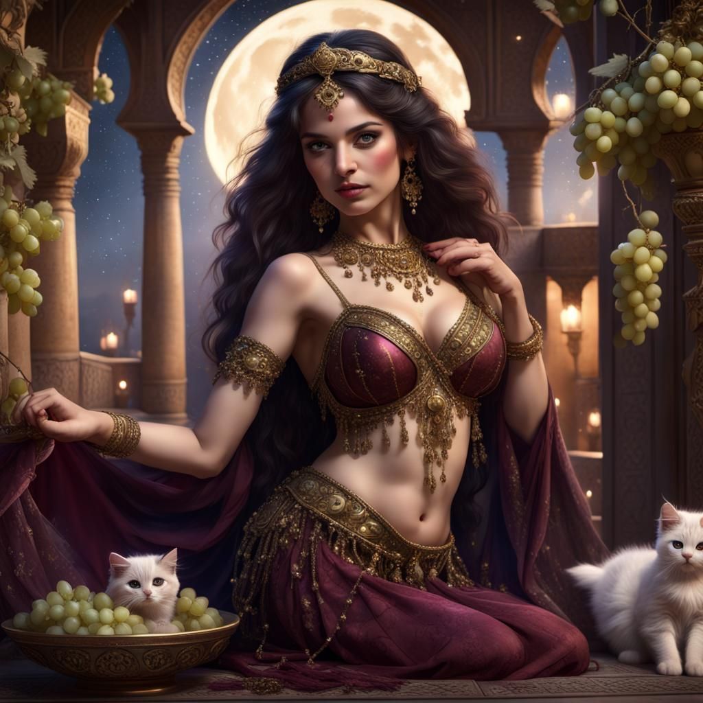 Persian Princess with Kittens Under Starry Sky