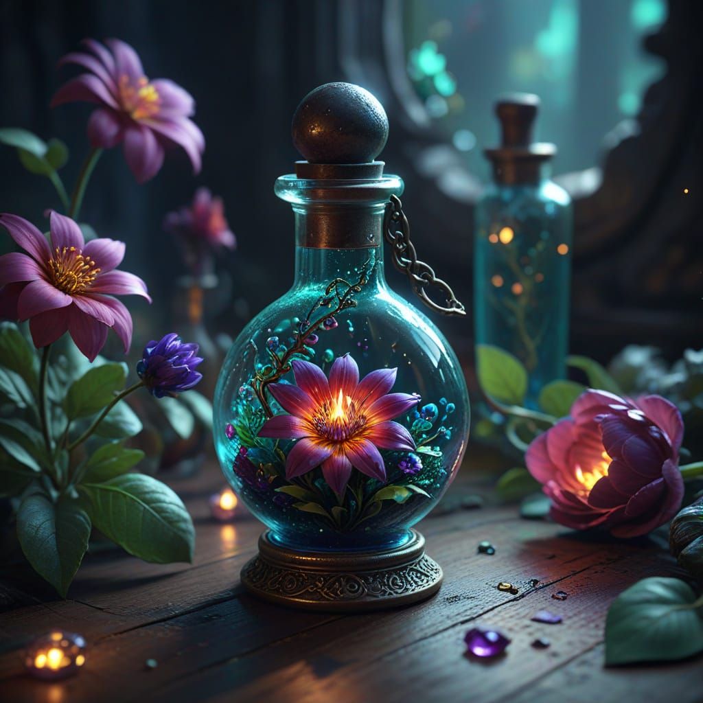 Fantasy Potion Vial with Gorgeous Flower in Whimsical Settin...