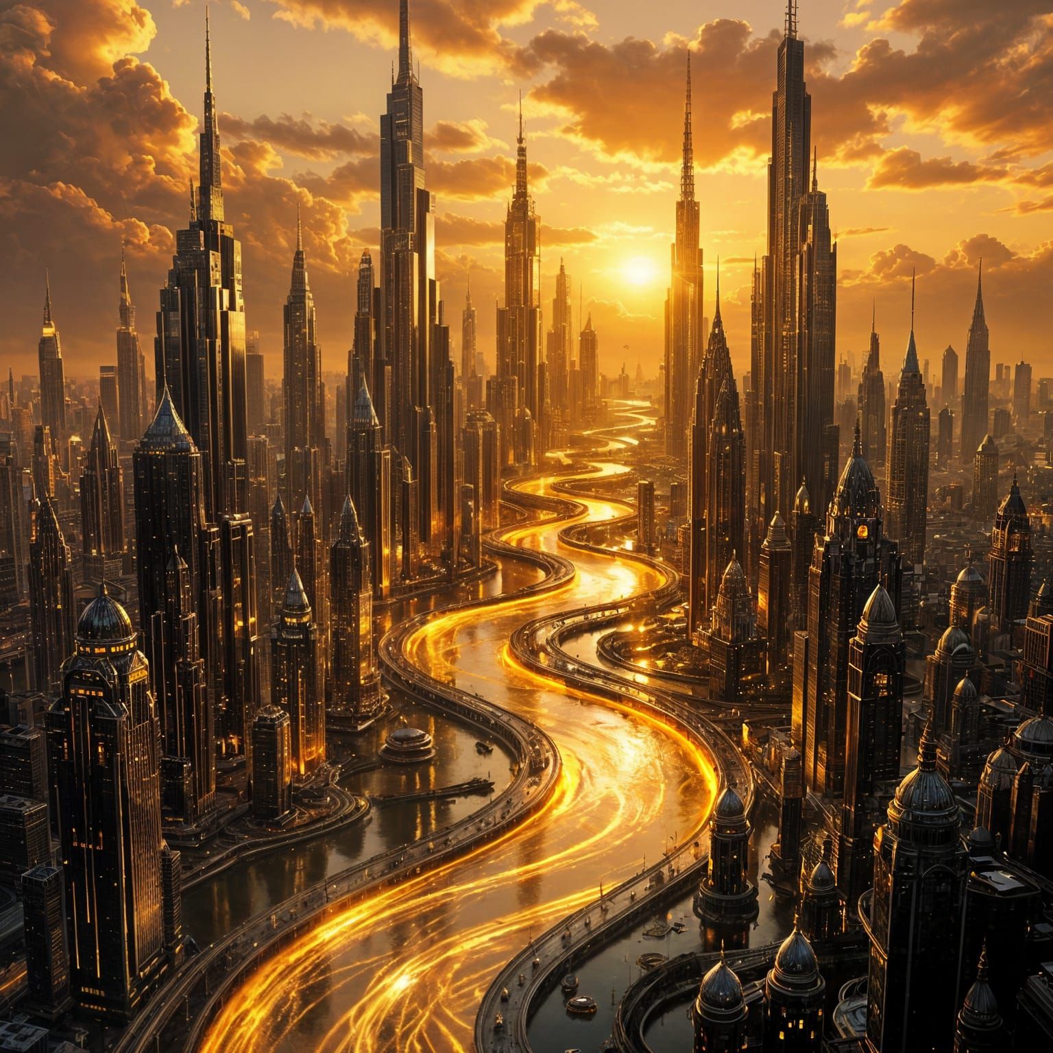 Liquid Gold Cityscape With Flowing, Shifting Architecture