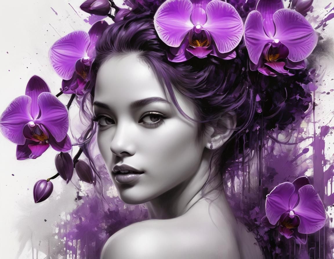 Monotone Purple Portrait of Woman with Orchid