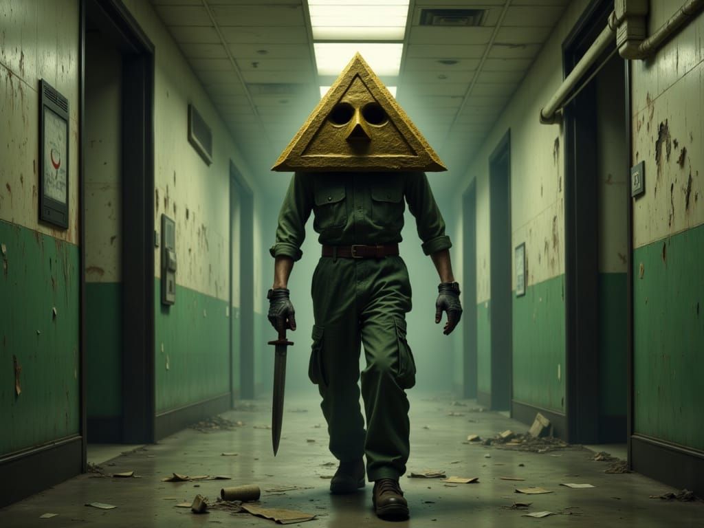 Golden Pyramid Man Walks Through Chipped Hospital Hallway