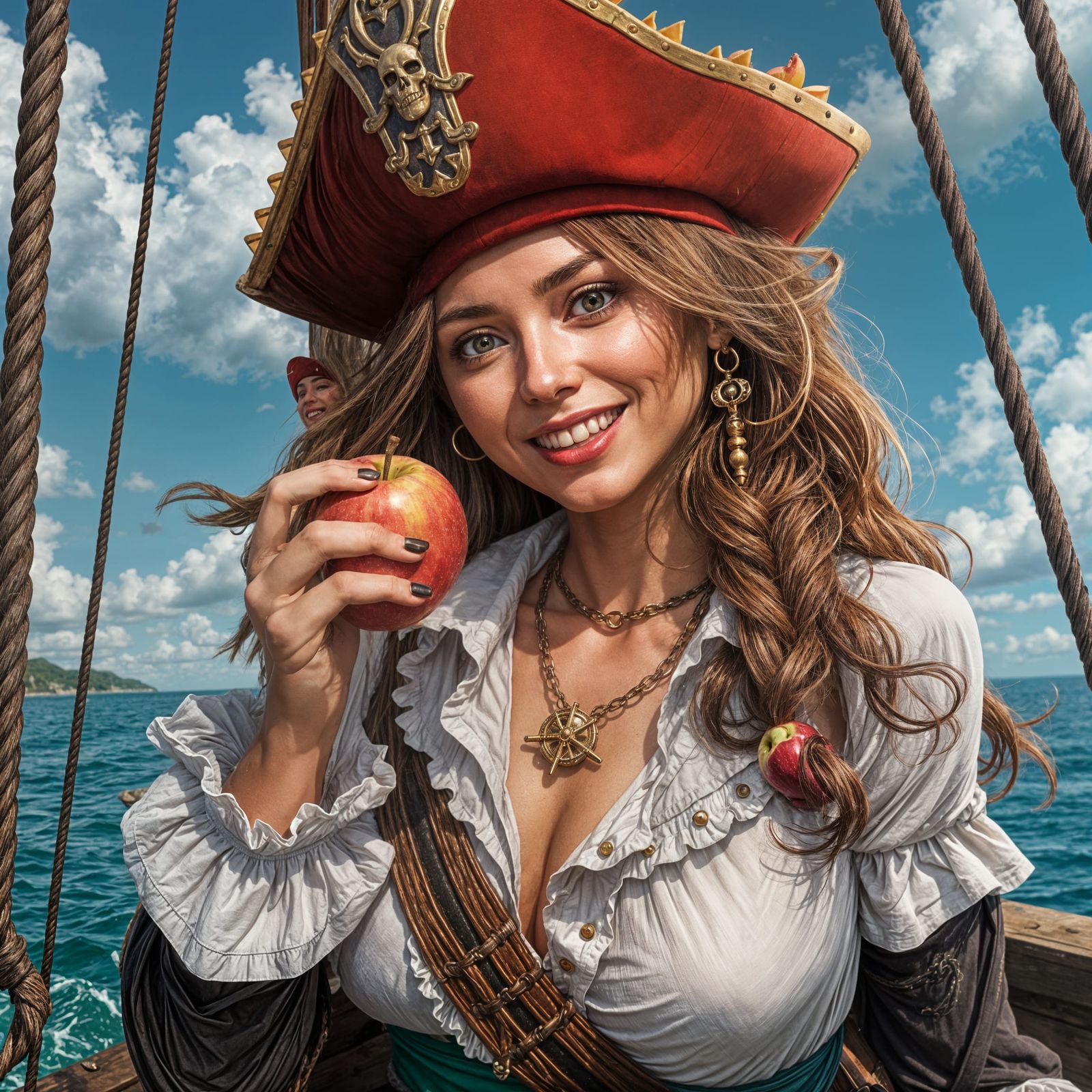 Hyperrealistic Pirate Woman Savoring a Delightful Apple
