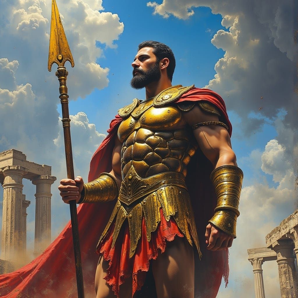 Classical Ares in Ornate Armor, Hyperrealistic Oil Paint