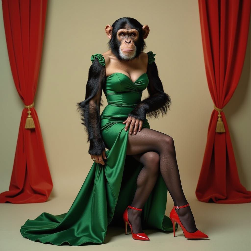 Chimpanzee in Green Dress at Cross-dressing Event
