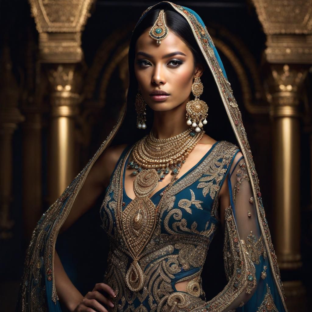 Elaborate Ethnic Dress on Catwalk in Hyperrealistic Style