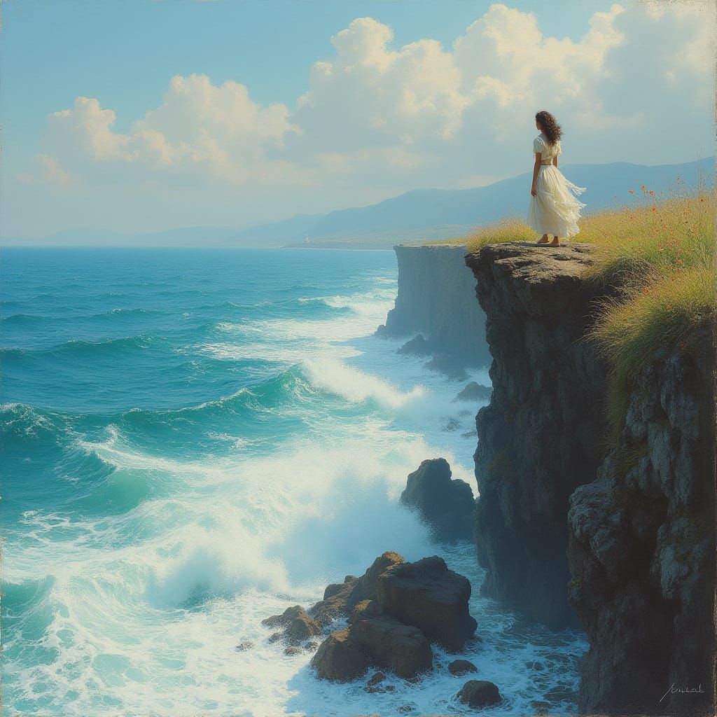 Serene Woman on Sea Cliff, Impressionistic Style
