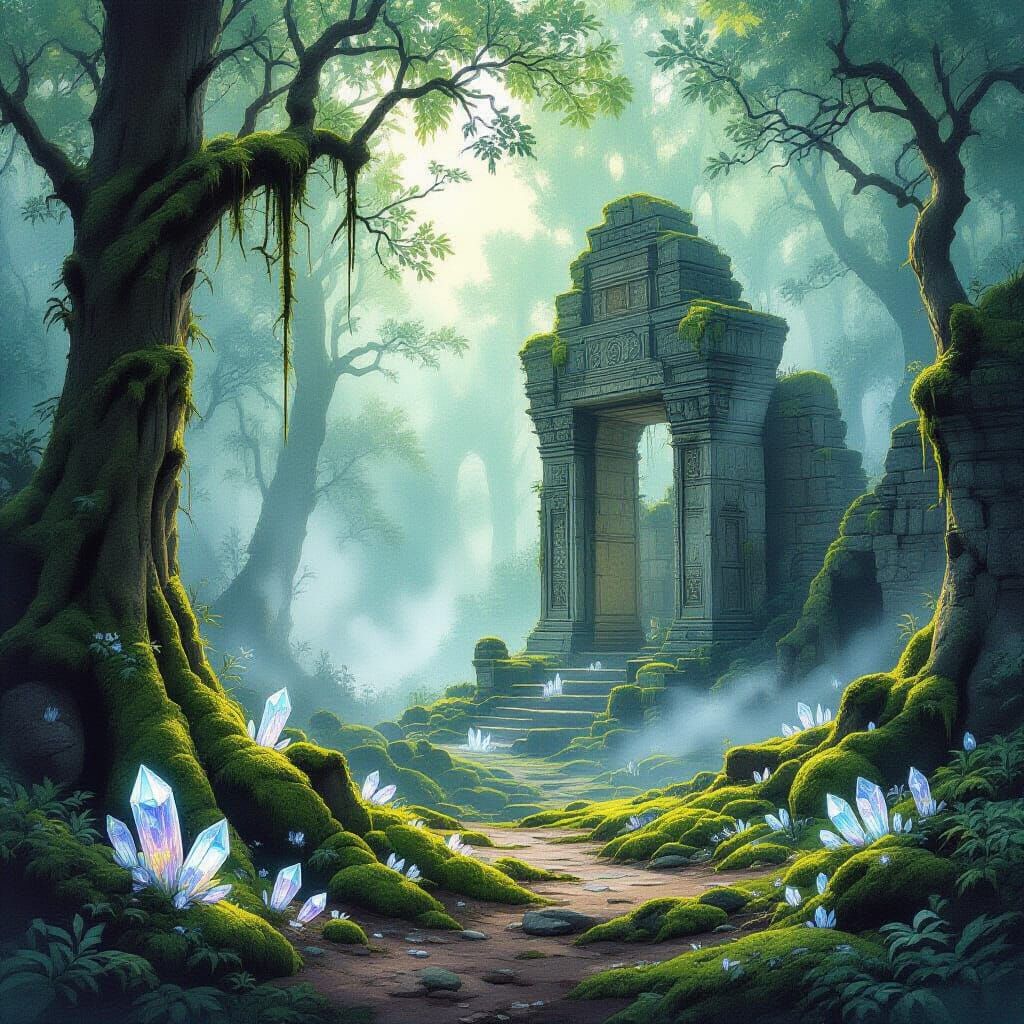 Majestic Ancient Ruin in Ethereal Forest Clearing