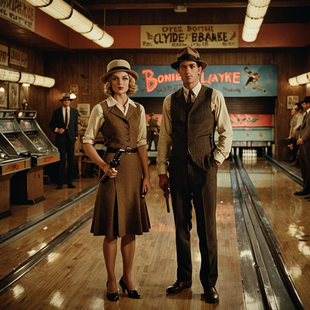 Bonnie and Clyde in Bowling Alley, Cinematic Film Still