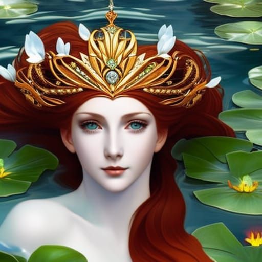 Art Nouveau Redhead with Lilies in Water