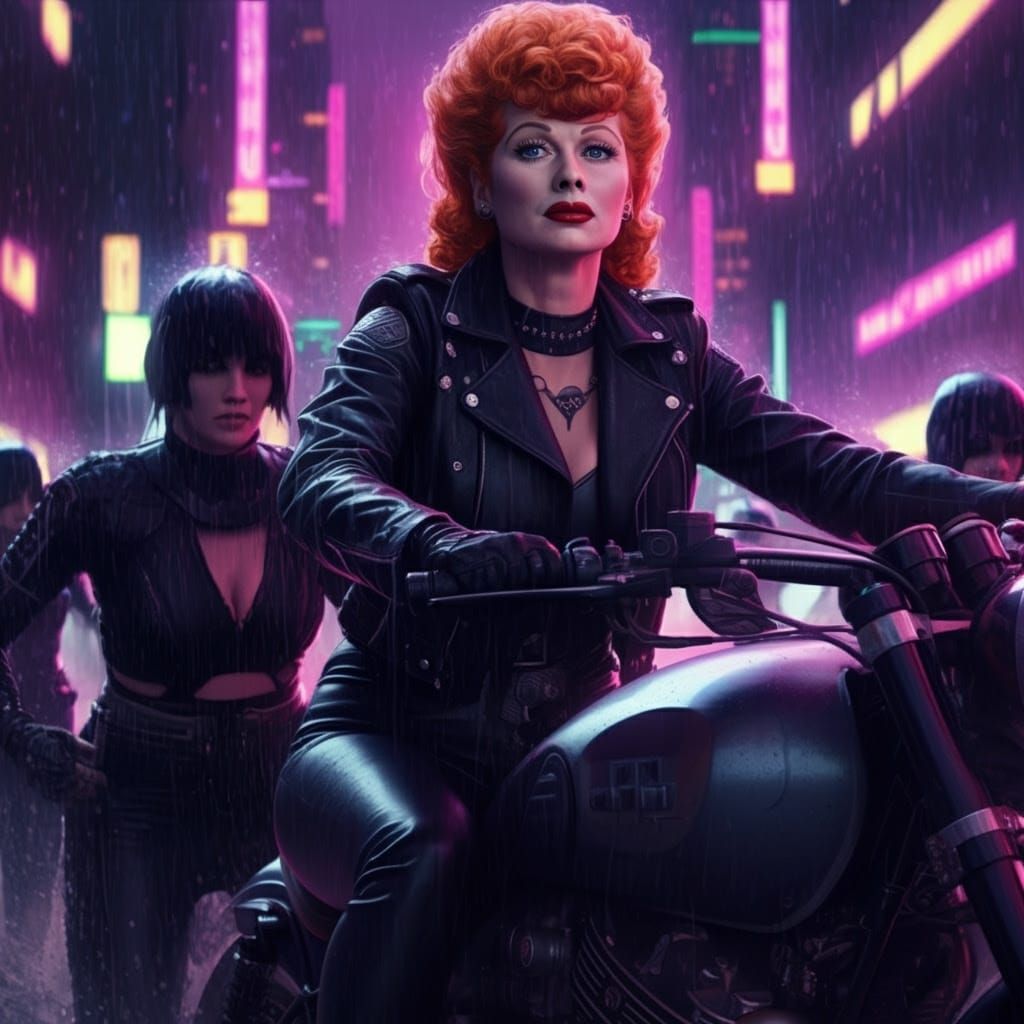 Cyberpunk Biker Gang Rides Neon Cityscape