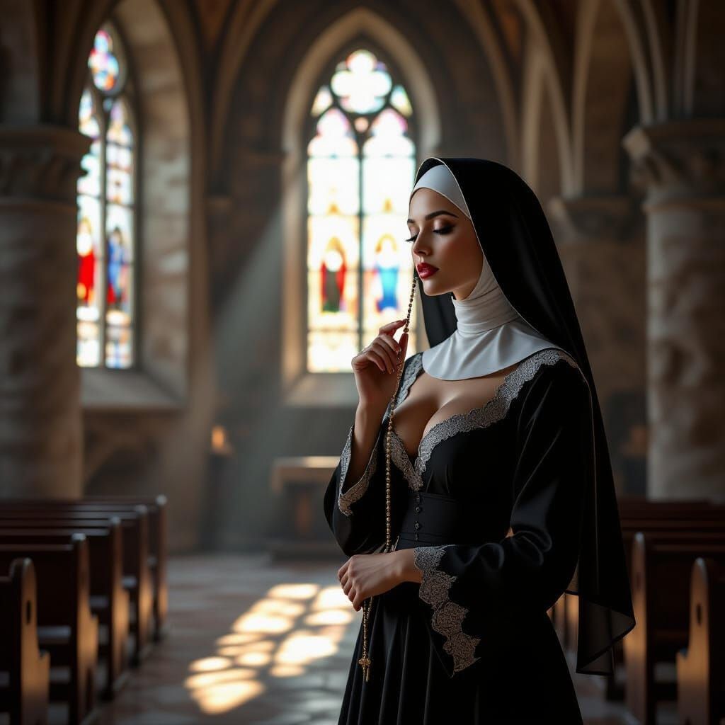 Stylized Nun in Stone Chapel with Dramatic Lighting