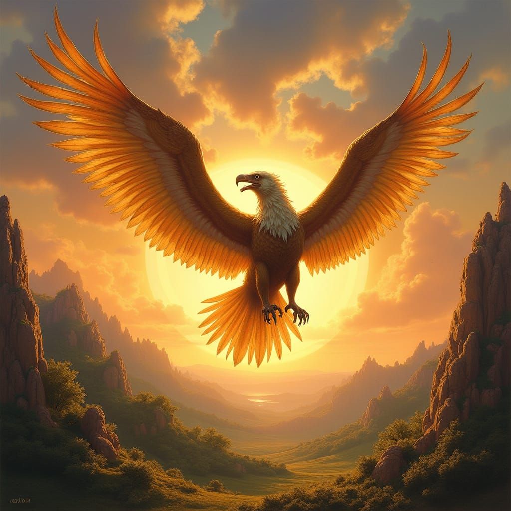 Griffin Soaring Through Sunlit Sky in Fantasy Style