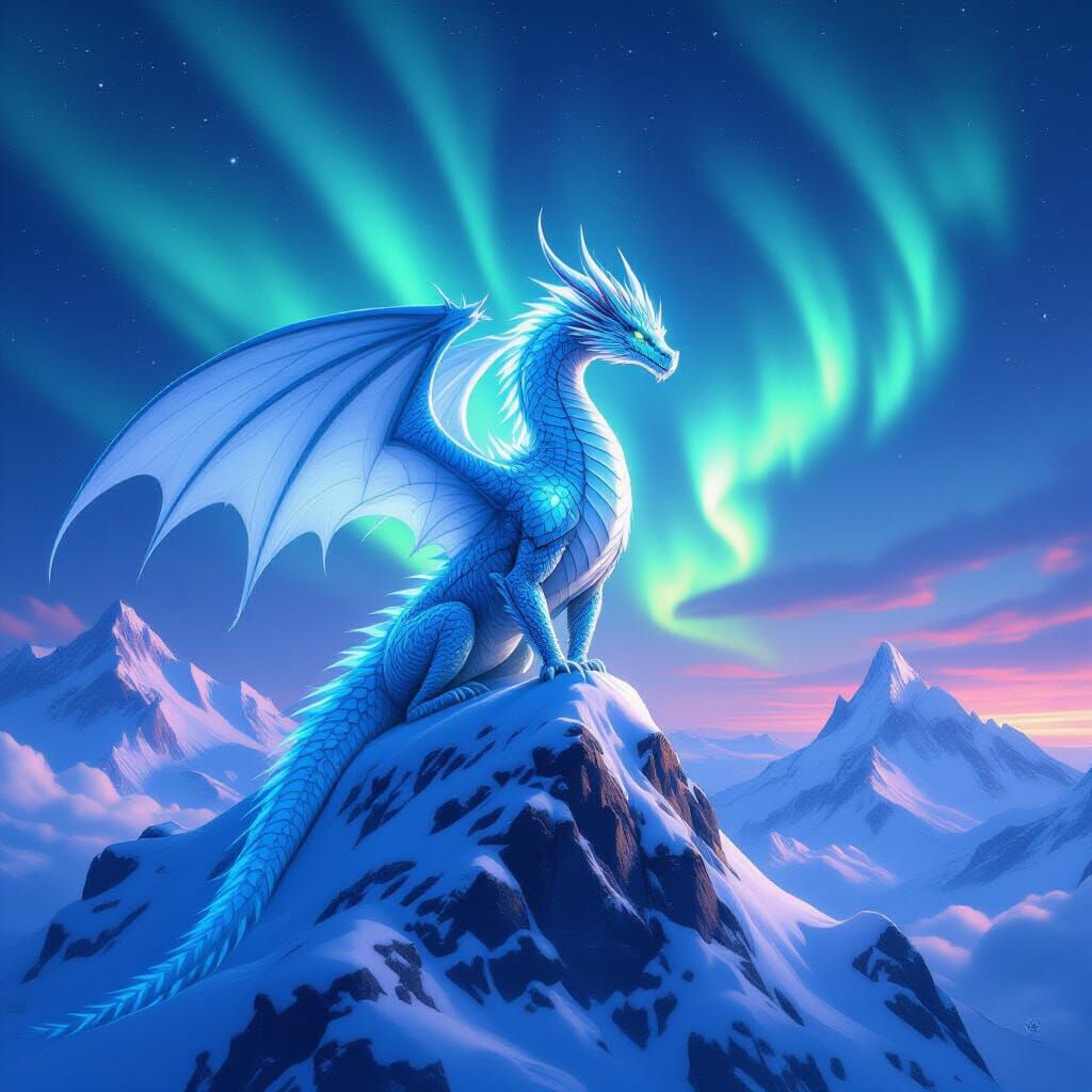 Majestic Ice Dragon Under Aurora Borealis